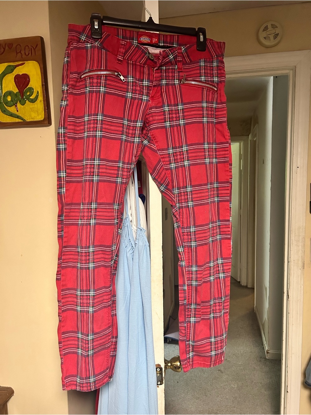 Dickies Red Plaid Tartan Pants with Green and White Accents